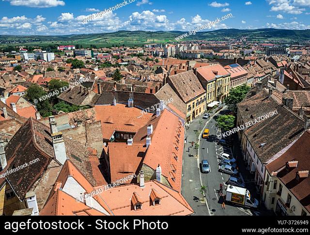 Aerial view from Council Tower on Avram Iancu street with Weidner House and Muller House buildings in Historic Center of Sibiu city, Romania
