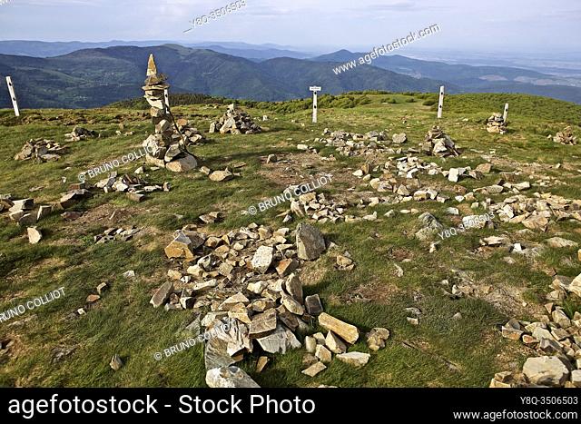 GR532 and GR5, view of cairns at the top of the Grand Ballon, Haut Rhin, Alsace, France