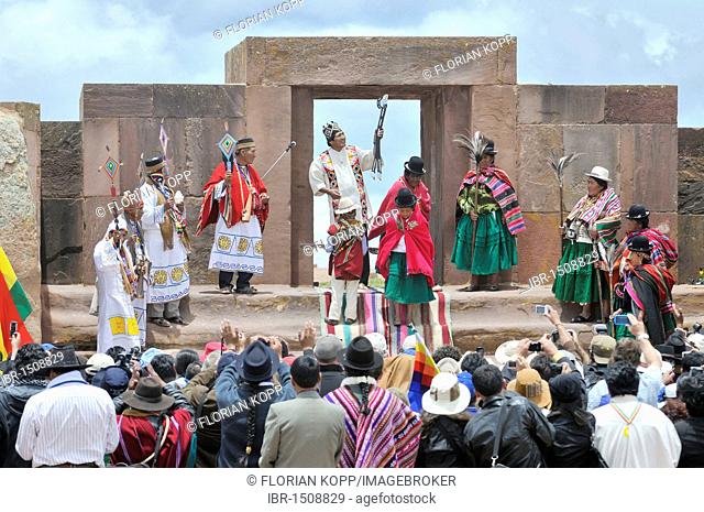 President Evo Morales Ayma giving a speech at his re-election ceremony at the start of his second term in the ruins of Tiwanaku near La Paz, Bolivia