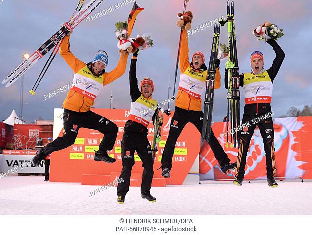 Tino Edelmann, Johannes Rydzek, Eric Frenzel and Fabian Riessle (L-R) of Germany celebrate after winning the Normal Hill / Team Gundersen competition at the...