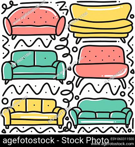 hand drawn family sofa doodle set with icons and design elements