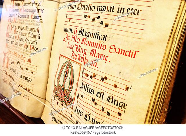 choir book, Gregorian chant on parchment, grammar room, Sanctuary of Our Lady of Cura, located in the Puig de Cura, Pla de Mallorca, Mallorca, Balearic Islands