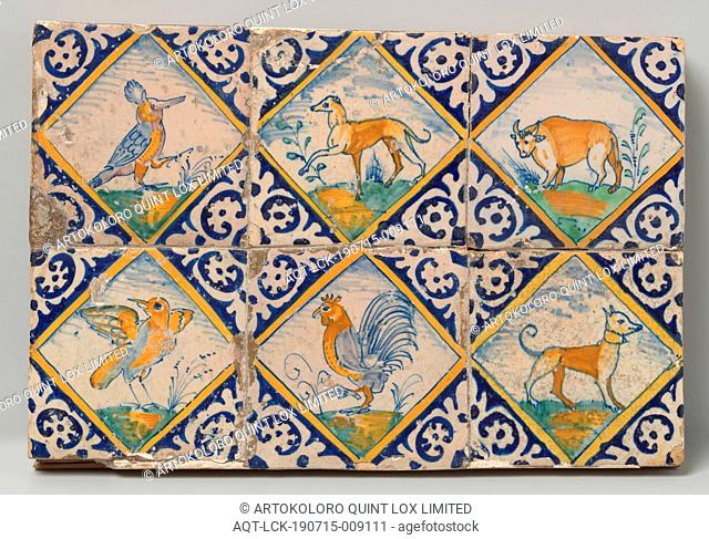 Field of six multi-colored tiles with an animal on a ground within a square, Field of six tiles (2 x 3) each with a multi-colored (blue, orange, yellow