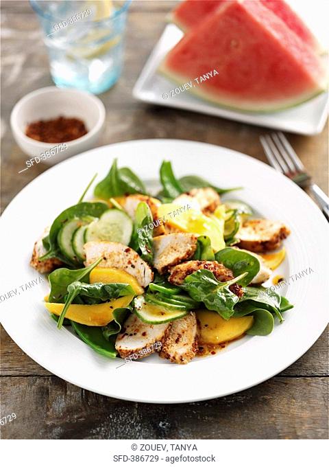 Chicken and mango salad and watermelon