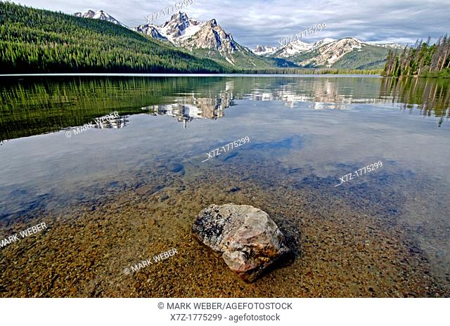Sawtooths, Reflections of McGown Peak on Stanley Lake at sunrise in the Sawtooth Mountains near the town of Stanley in central Idaho