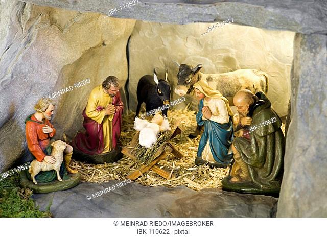 Nativity set with old plaster figurines, canton Freiburg, Switzerland