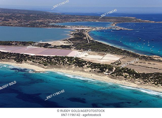 Ses Illetes area, Es Pujol des Palo in foreground, Ses Salines and Pudent lagoon on the left and Es Savina harbor and Es Peix lagoon on top, Formentera