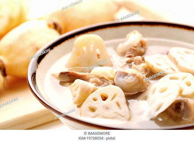 Bowl of soup with spare rib and lotus root