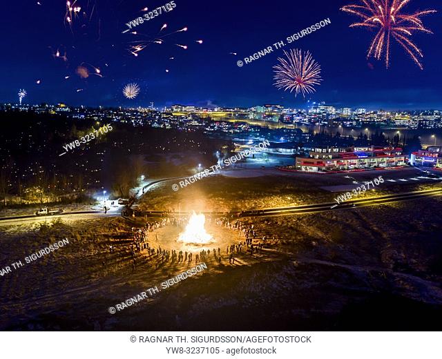 New Year's Eve Celebrations with bonfires and fireworks, Reykjavik, Iceland