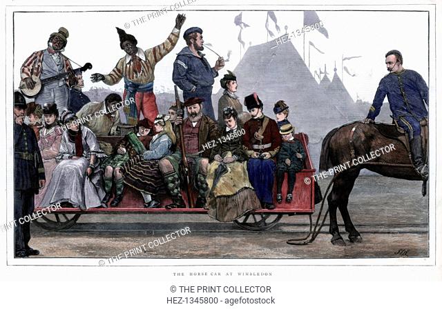 'The Horse Car at Wimbledon', 1872. Horse-drawn public transport on rails. A print from The Graphic, (13 July 1872). Hand-coloured later