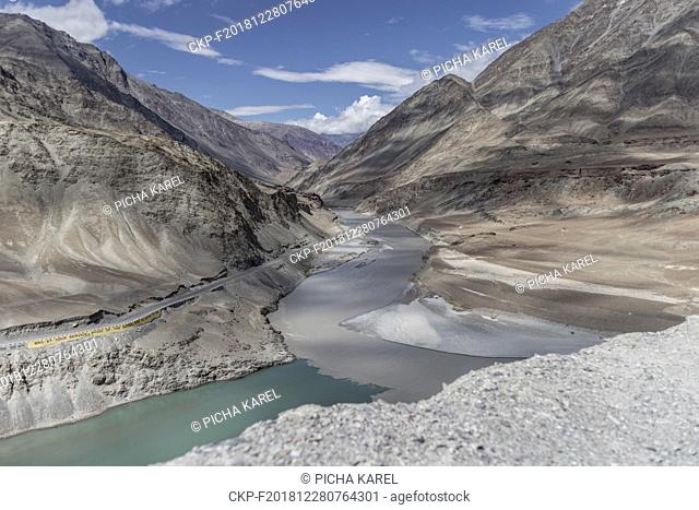 Confluence of Zanskar and Indus rivers from the national highway 1D from Leh to Srinagar, Ladakh, Jammu and Kashmir, India, June 30, 2018