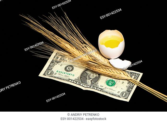 Wheat ears, egg and one dollar on a black background