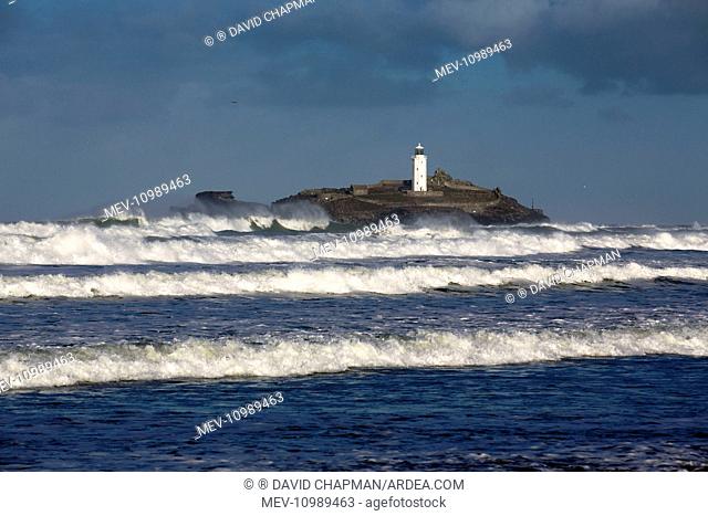 Godrevy Lighthouse in winter storm Cornwall UK