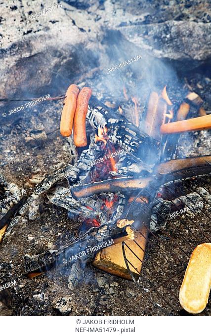 Sausages being grilled over camp fire, Sweden