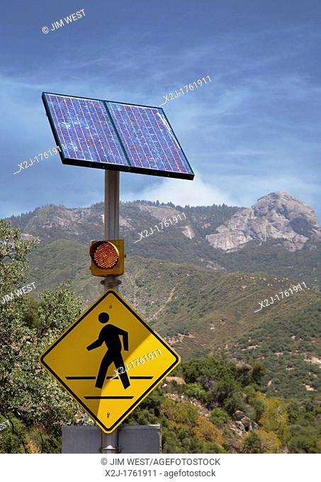 Sequoia National Park, California - A solar-powered caution sign for a pedestrian crosswalk in Sequoia National Park