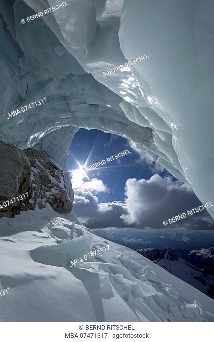View from ice cave at Olperer, Tuxer Alps, Zillertal, Tyrol, Austria