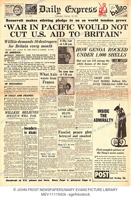 1941 front page Daily Express Roosevelt pledges aid to Britain regardless of a possible war in the Pacific