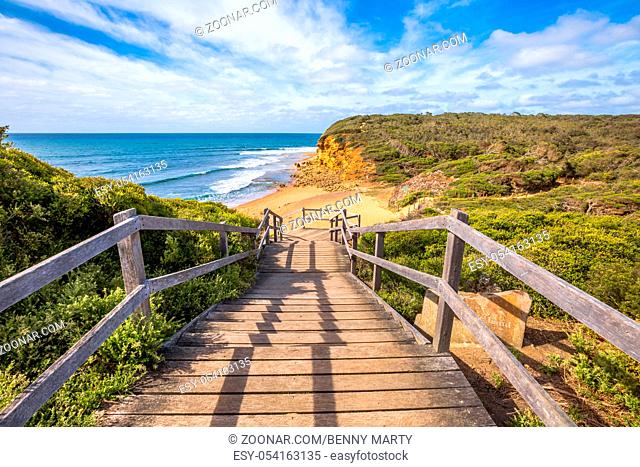 Walkway of the legendary Bells Beach - the beach of the cult film Point Break, near Torquay, gateway to the Surf Coast of Victoria, Australia