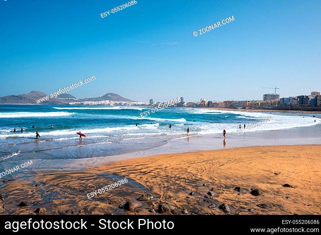 Las Palmas, Spain - March 3, 2019 : Surfers in Las canteras beach, Las Palmas de Gran Canaria Spain