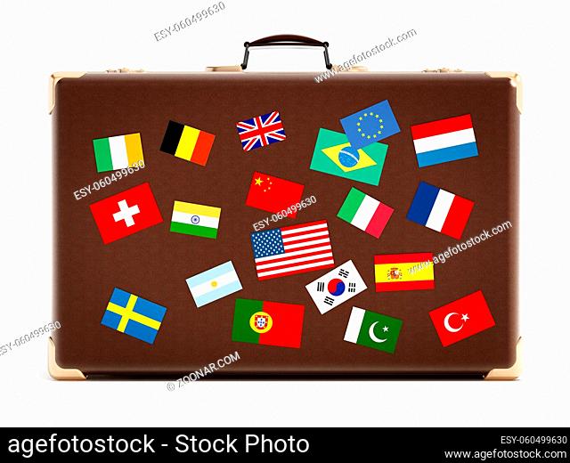 Suitcase with country flags isolated on white background. 3D illustration