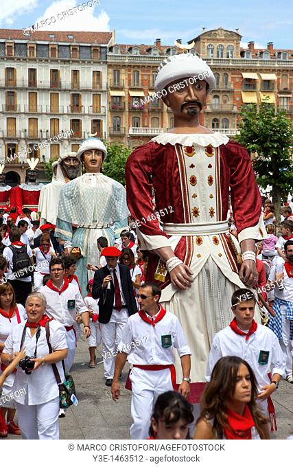 Spain, Navarre, Pamplona, Festival of San Fermin, Plaza del Castillo, Giants of Pamplona, procession