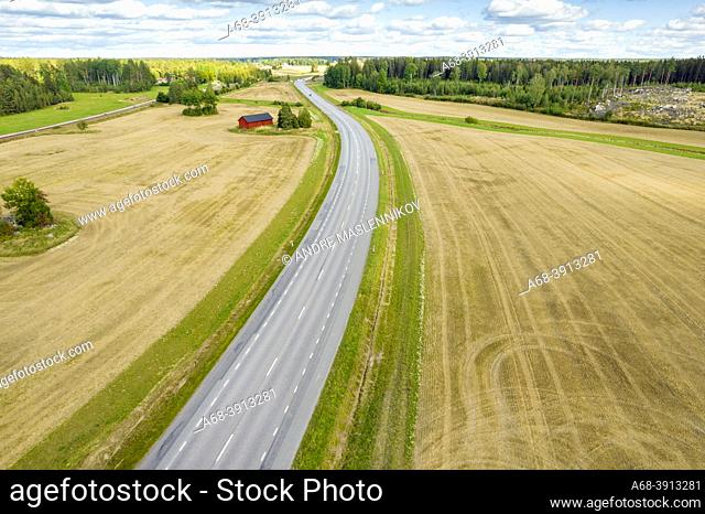 Agricultural landscape with newly harvested fields on both sides of road 72 east of Sala, Västmanland.