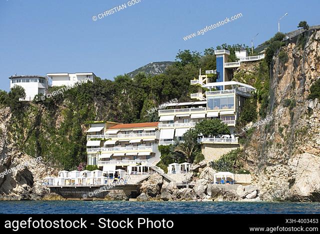 Liro Hotel backed by the cliff, Vlore, seaside resort on the Adriatic Sea, Albania, Southeastern Europe