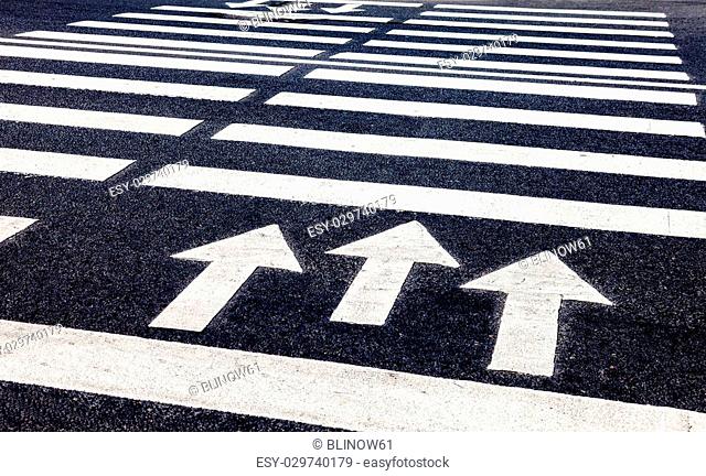 Zebra crossing with white marking lines and direction of motion on asphalt