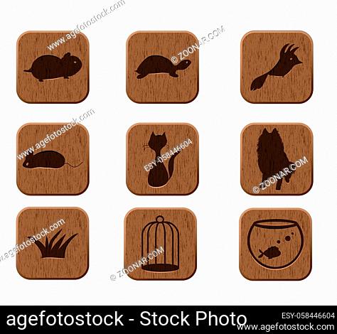wooden icons set with pets silhouettes. vector eps8