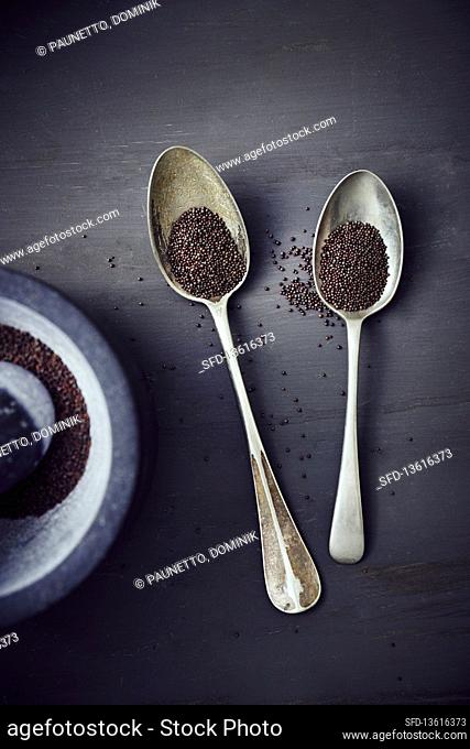 Brown mustard seeds in a mortar and on two spoons