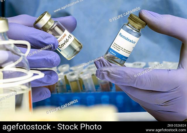 Scientific has two vials with medication for people infected by Sars-CoV-2, Remdesivir is a selective antiviral prophylactic against virus that is already in...