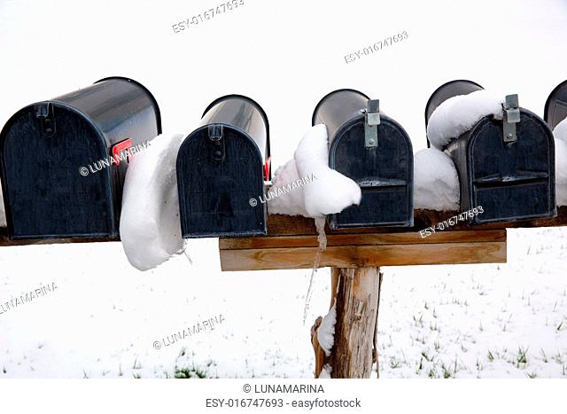 Nevada USA mailboxes in a row with snow and ice
