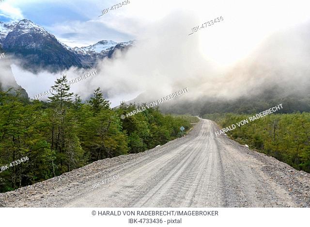 Gravel road with low clouds, near Puerto Río Tranquilo, Carretera Austral, Valle Exploradores, Laguna San Rafael National Park, Patagonia, Chile