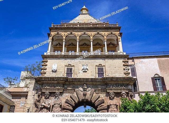 View from Corso Calatafimi on Porta Nuova - monumental gate of historic city walls of Palermo city of Italy, capital of autonomous region of Sicily