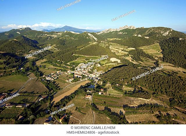 France, Vaucluse, village of Gigondas, Laces of Montmirail and Mont Ventoux in the background aerial view