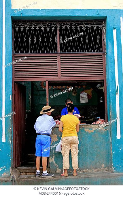 Cuban meat market showing products available for sale Cienfuegos Cuba