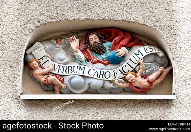 Germany, Baden-Wuerttemberg, Ehingen / Danube, on a house wall in Ehingen. The text Et verbum caro factum est - means And the word became flesh