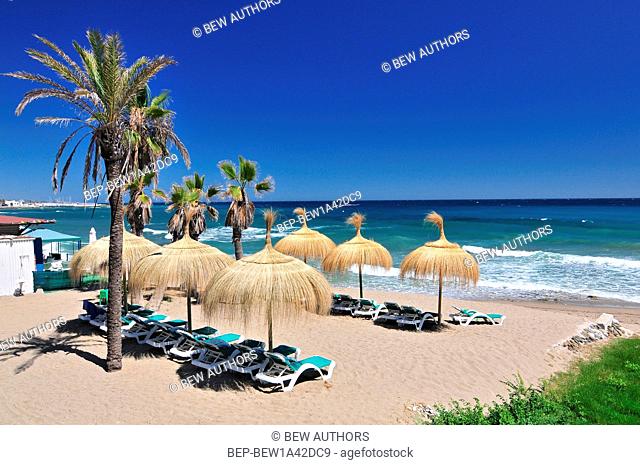 Beach in the popular resort of Marbella in Spain, Costa del Sol, Andalucia region, Malaga province