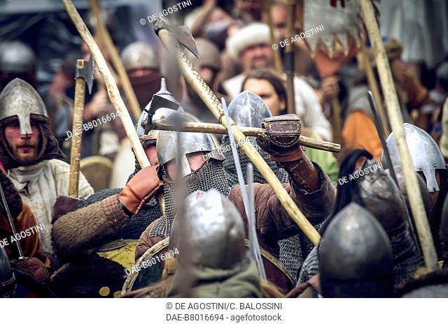 Warriors in battle, Festival of Slavs and Vikings, Centre of Slavs and Vikings, Jomsborg-Vineta, Wolin island, Poland. Slavic and Viking civilisation