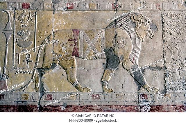 Deir el Bahari, Luxor, Egypt: temple of the queen Hatshepsut (New Kingdom 1567-1080 b.C.) at Deir el Bahari called Djeser-Djeseru: sculptures on the walls