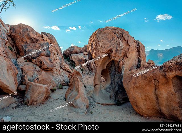 Tourist attraction Elephant Rock, Big interesting stone formation like carved african Elephant, Brandberg mountain, Namibia wilderness