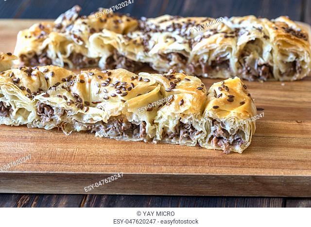 Spiral phyllo pie with veal filling