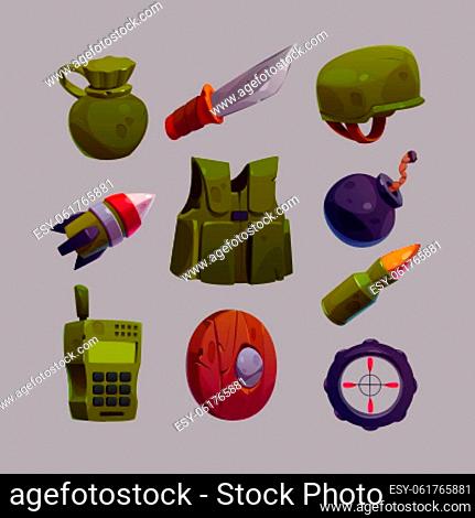 Military game icons cartoon vector set. Isolated war weapon collection, bomb, bullet and rocket, knife and wooden shield, water flask and compass, walkie talkie