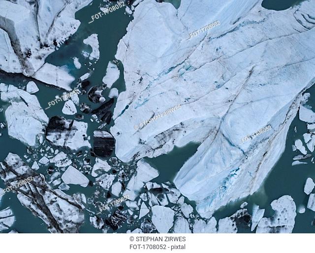 Drone view of icebergs in lagoon, Lake George, Palmer, Alaska, USA