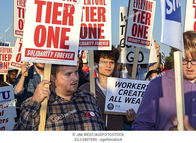 Detroit, Michigan USA - 18 September 2019 - Community supporters and members of other unions joined the picket lines at the Detroit-Hamtramck Assembly Plant in...