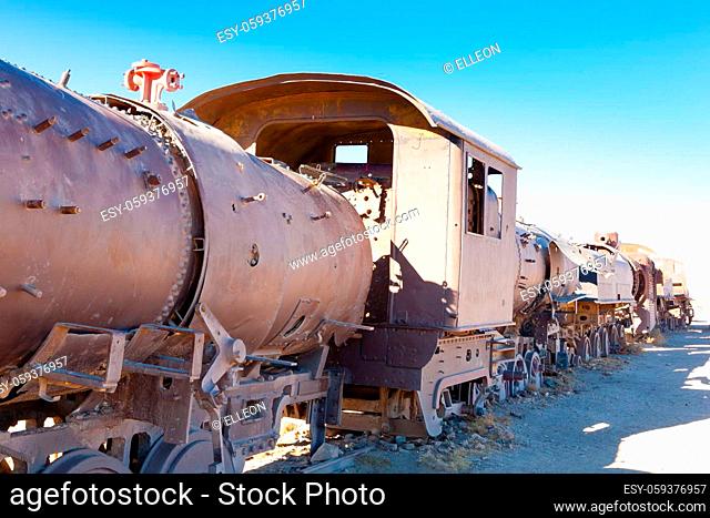 Cemetery trains view from Uyuni, Bolivia. Bolivian landmark. Abandoned locomotives