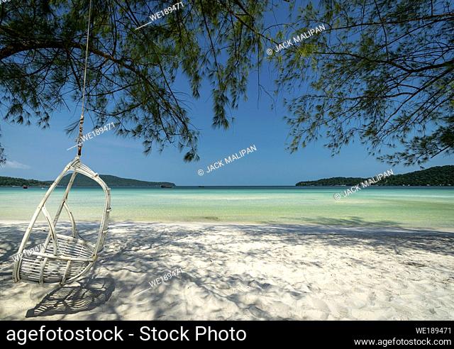 saracen Bay beach in tropical paradise Koh Rong Samloen island near Siahnaoukville in Cambodia