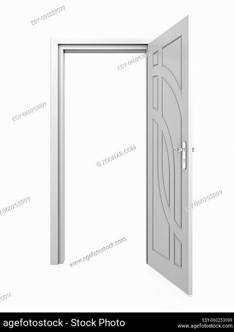 3D illustration of open white door on white background