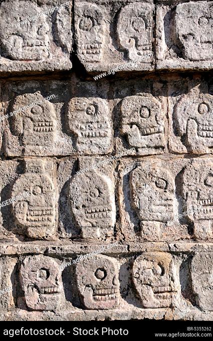 Relief of skulls, Plataforma de los Craneos Tzompantli, Chichen Itza, Yucatan, Yucatan, Mexico, Central America