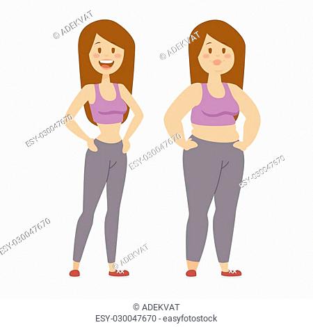 Cartoon character of fat woman and lean girl, fat woman dieting fitness,  Vecteur de Stock, Vecteur et Image Low Budget Royalty Free. Photo  ESY-028779654 | agefotostock